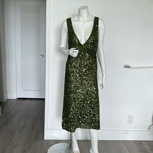 New olive green sequence dress, wrap, deep v neck, size S, Made in Italy.